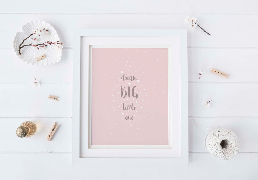 Pink and grey baby room decor UK, Whimsical pink starry quote print, Dream big little one art for girls