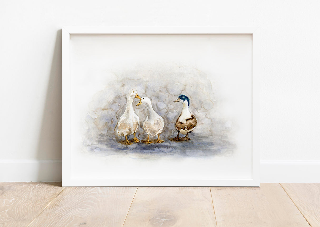 'Feathered Friends' - Ducks print in soft watercolour whites and warm tawny browns, duck wall art farmhouse home decor for cottage and countryside inspired homes by Crafty Cow Design.