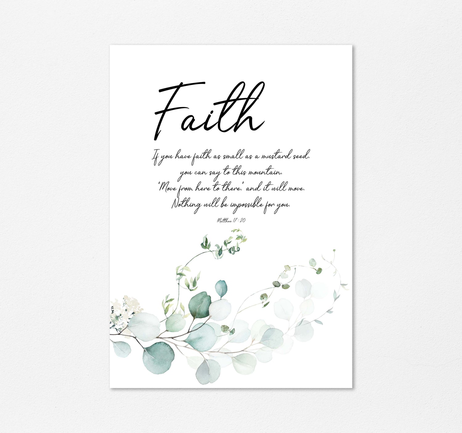 Elegant Christian wall decor print featuring Matthew 17:20 and botanical elements for peaceful home inspiration
