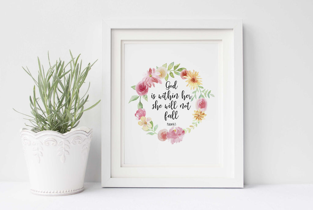 God is Within Her Wall Art Quote Print, Psalm 46 5 Printable Version, God's presence in a pretty floral print