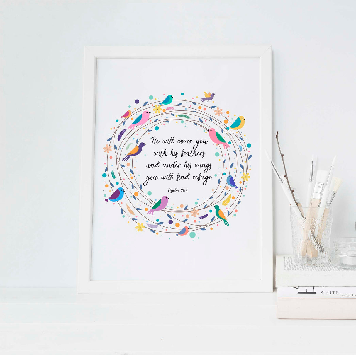 Psalm 91 Poster, He Will Cover You With His Feathers Bible Verse Art, Elegant Christian home decor poster with feathers / birds
