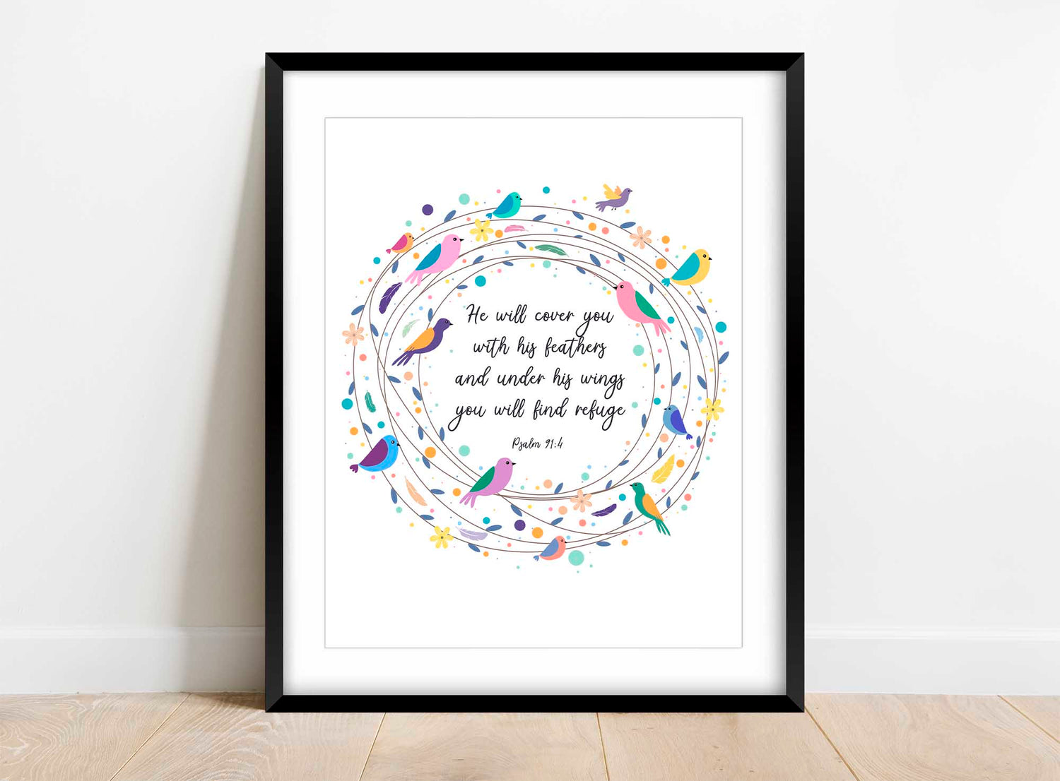 Psalm 91 Poster, Bible Verses for Baby Girl, He will cover you with His feathers, psalm 91 wall art, feather bible verse