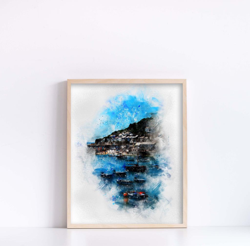 Watercolor Seascape, Nautical Art Print, Boat Scene Print, Blue Water Print, Harbour View Print, Seascape Picture, Cornish Coastal Print