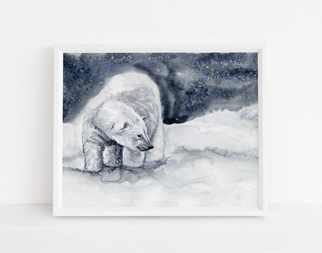 Polar Bear Wall Art Print, Watercolour Winter Theme Decor Picture, Winter Wall Art Christmas Theme, Polar Bear Watercolor