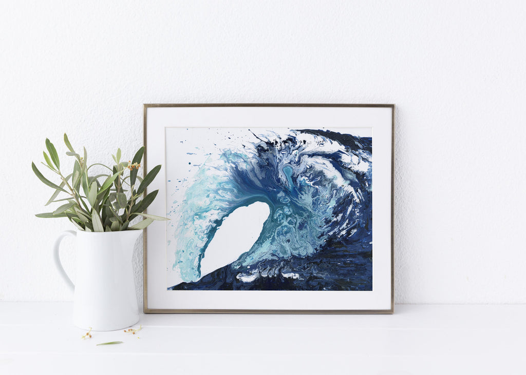 Seaside-inspired abstract ocean art in indigo and blue, Large indigo and blue wave artwork for living room, abstract wave art