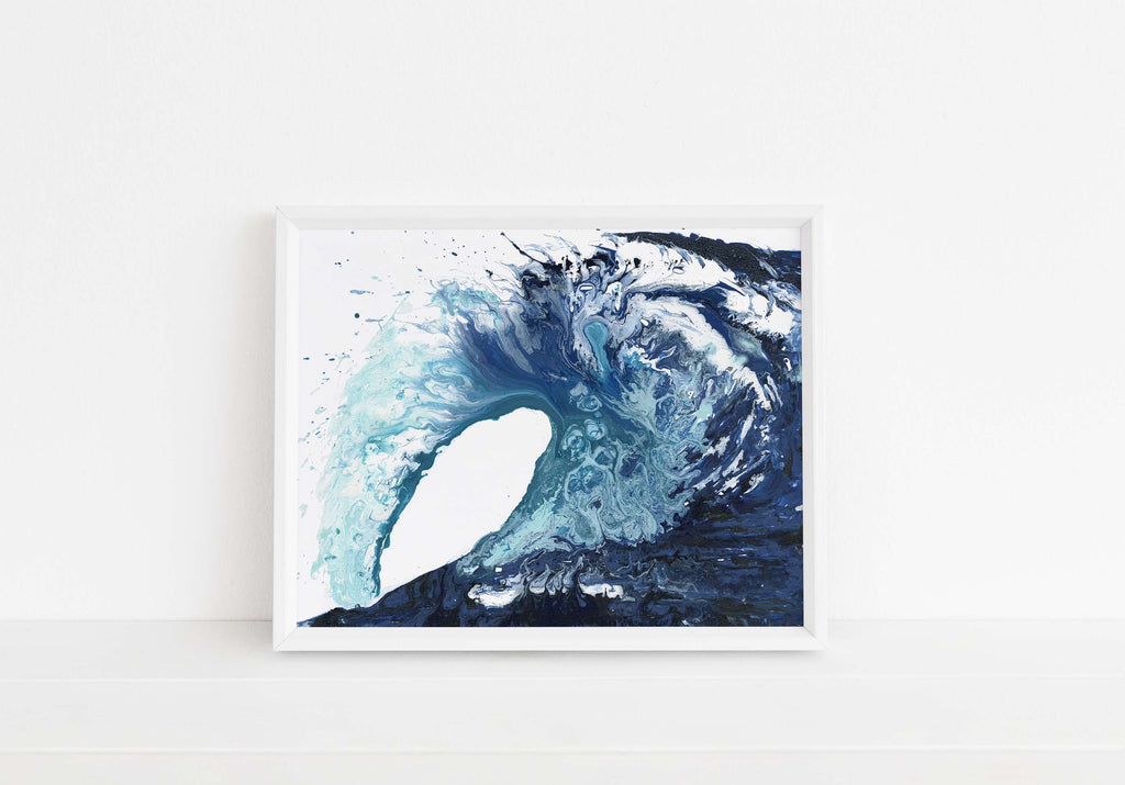 Indigo and blue ocean wave abstract art, Serene ocean wave print in indigo and blue, Coastal wall art in indigo and blue
