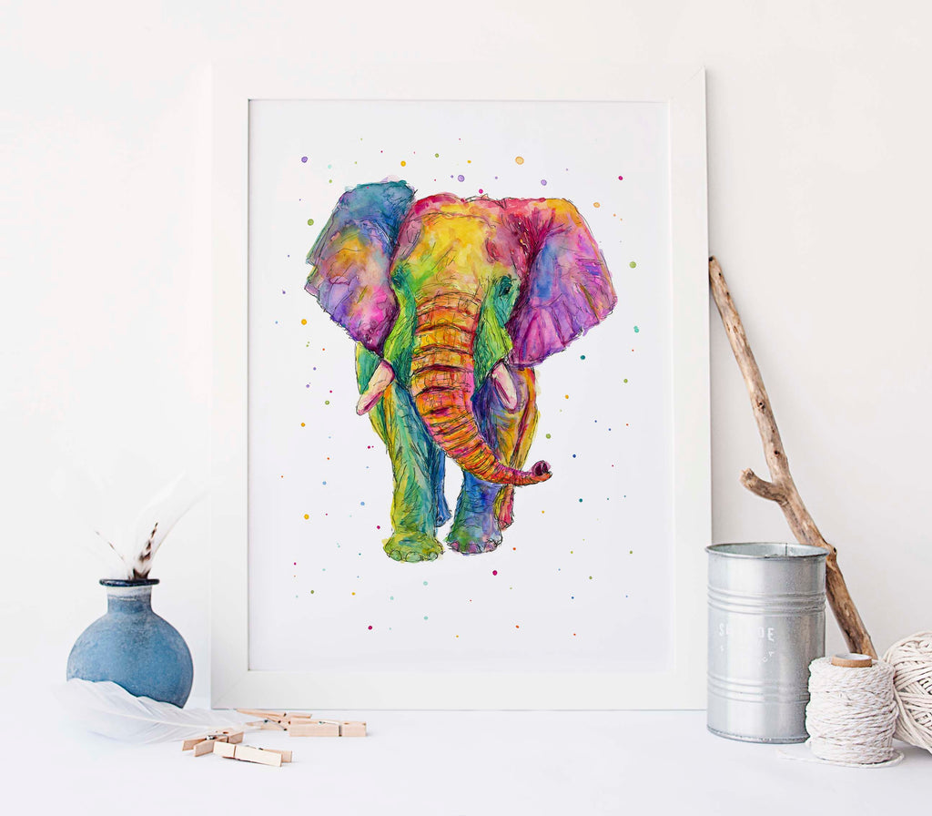 rainbow elephant print, colourful elephant rint, multicoloured elephant print, colourful prints, rainbow print poster