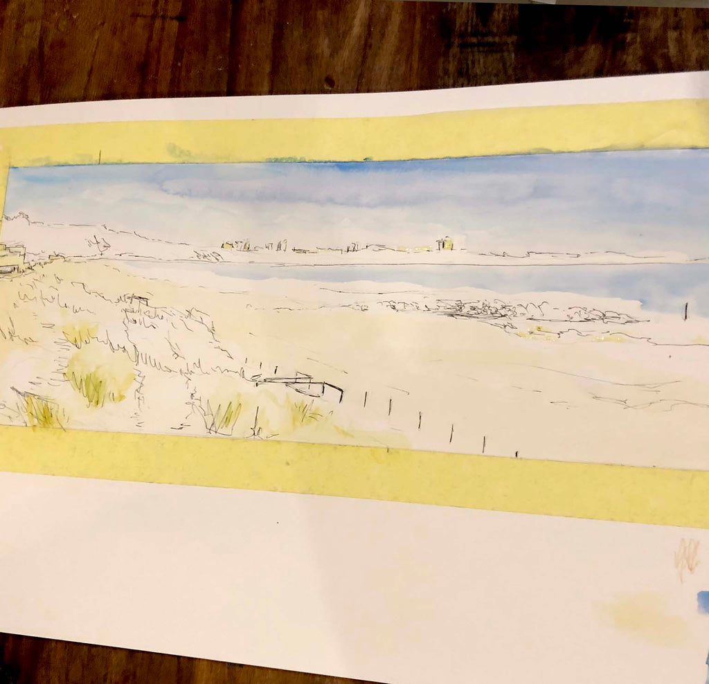 watercolour print of dorset coast, dorset artist, sandbanks beach, shore road, jurassic coast, seascape watercolour