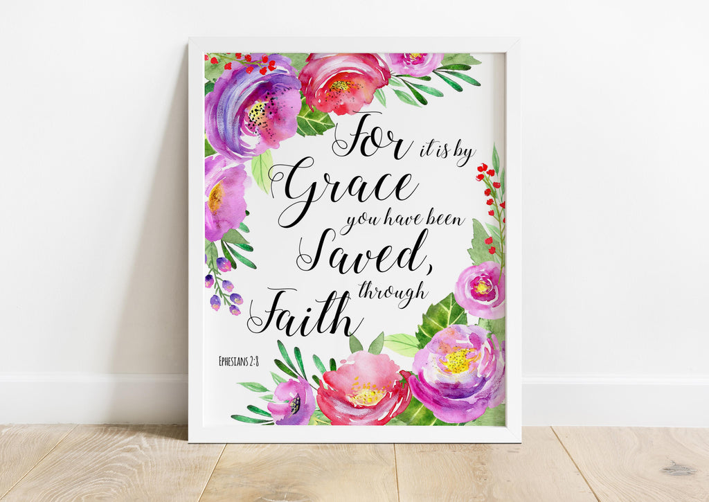 Bible Verses With Flowers, Ephesians 2 8 Wall Art, Christian Quotes About Faith, Pink floral scripture artwork Ephesians 2:8