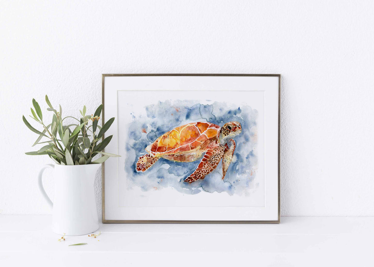 Sea turtle swimming gracefully in blue watercolor waves.