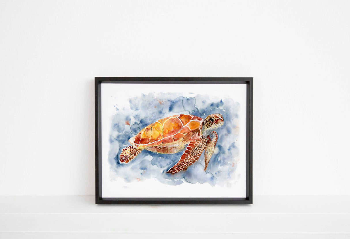 Watercolor painting of a sea turtle gliding through the ocean.