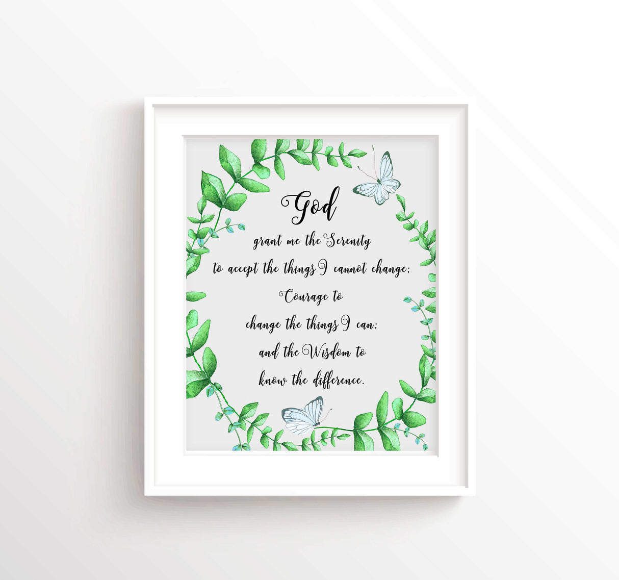 aa serenity prayer - floral alcoholics anonymous prayer with leaf wreath, Serenity prayer quote art for home office decoration