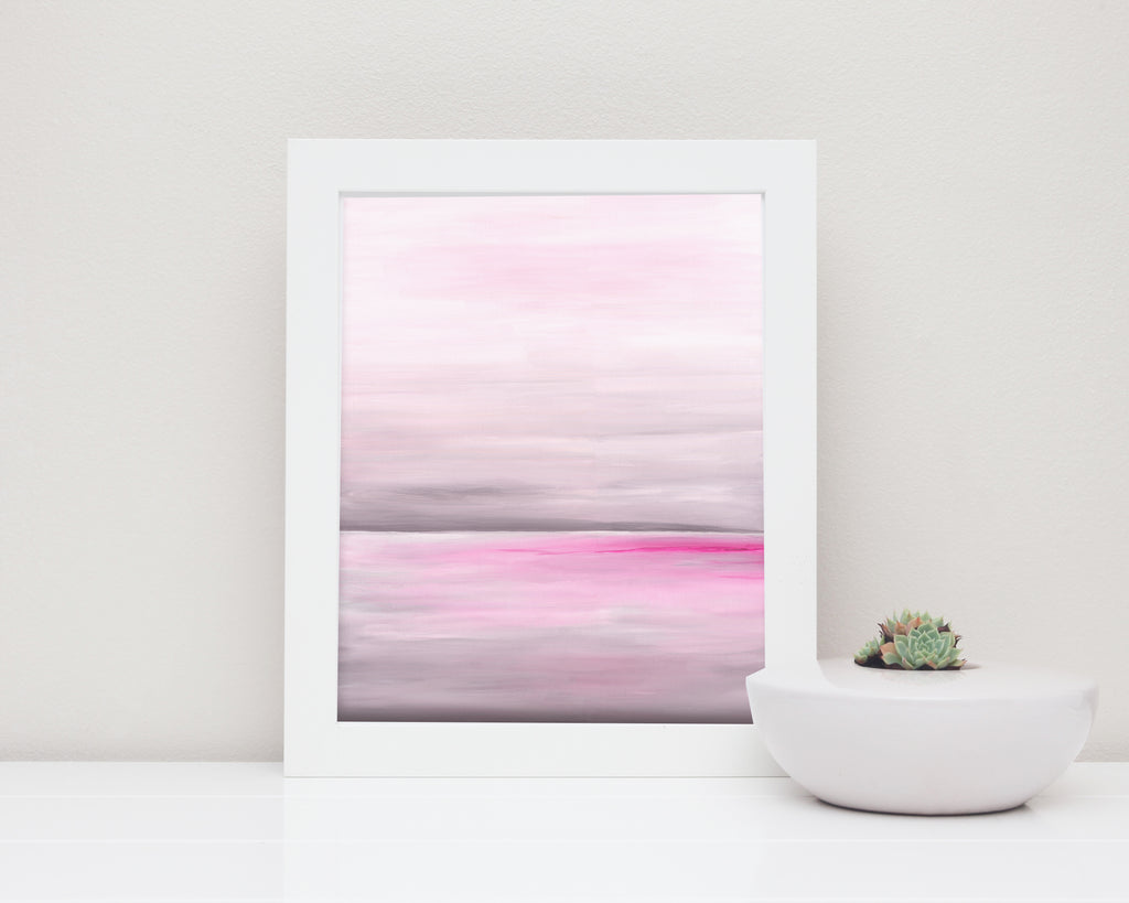 pink bathroom decor, pink bathroom wall art, ocean painting wall art print, pink and grey art, Serenity at Sea: Grey and Pink Ocean Print
