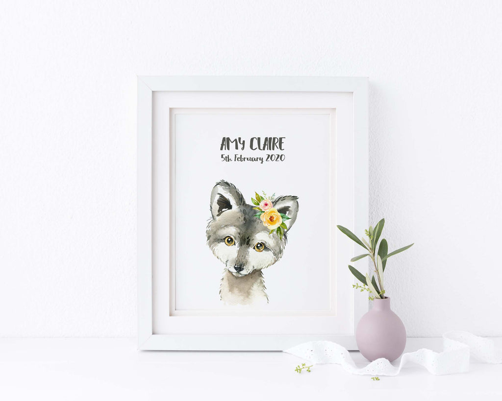 Wolf Nursery Decor, Watercolour Woodland Animals, Personalised Baby Gifts, personalised baby wall art