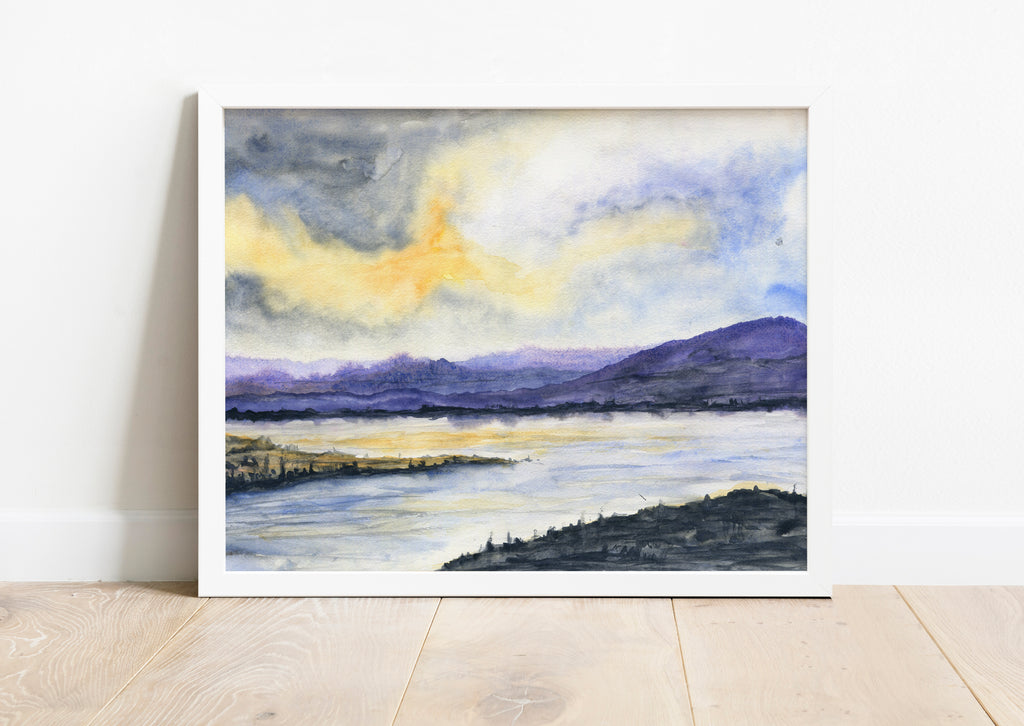 Atmospheric Watercolor Painting, Yellow / Blue Dramatic Sky Seascape, Moody skies and tranquil waves in a watercolor seascape