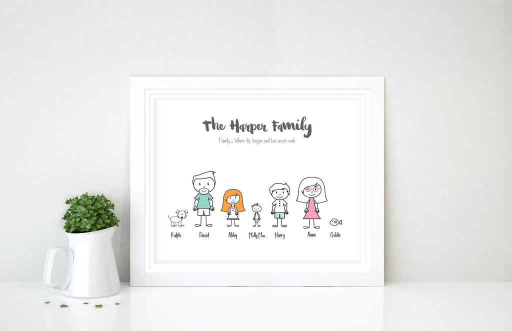 Personalised Family Wall Art UK, Personalised Family Prints, Custom Family Prints UK, Family Gifts, cartoon family of 4, cartoon family of 5