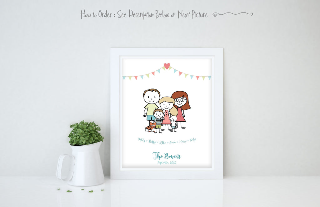 Personalised Family Print, Family Picture Cartoon, Family Wall Art Ideas, personalised family print with rabbit, cartoon family art uk