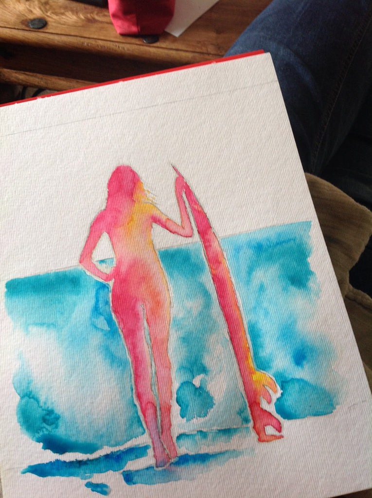 Surfer Girl Watercolour painting - work in progress, Whimsical watercolor painting of a surfer girl in turquoise, pink, and yellow