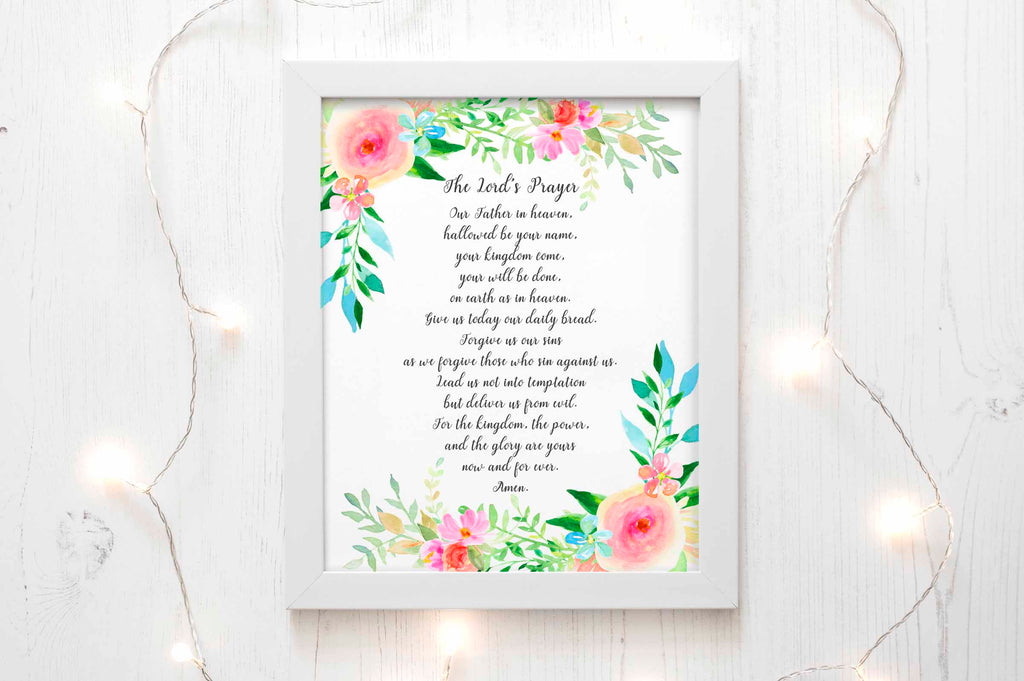 Floral Elements Grace Contemporary Lord's Prayer Art, Perfect for Spiritual Homes.