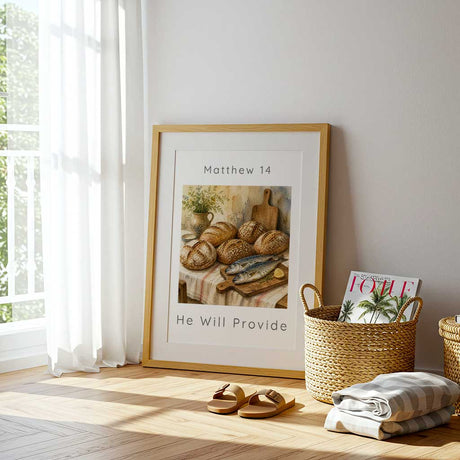 Matthew 14 - He Will Provide Bible verse poster with five rustic loaves and two fish in warm golden watercolour tones.