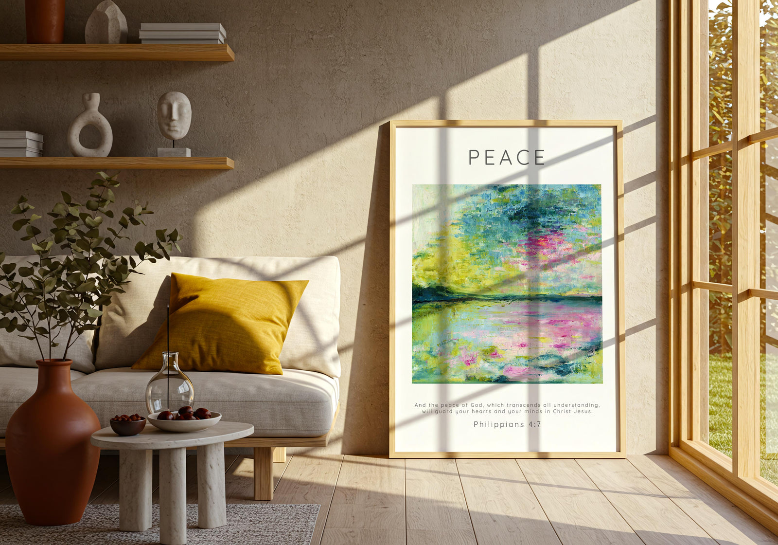 Peaceful Bible verse art print with abstract ocean background.