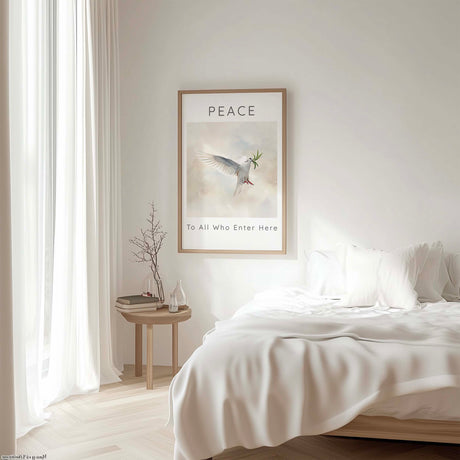 Above the bed decor and bedroom prints — calming watercolour botanical and coastal artwork in soft blush and blue tones creating a beautiful bedroom sanctuary.