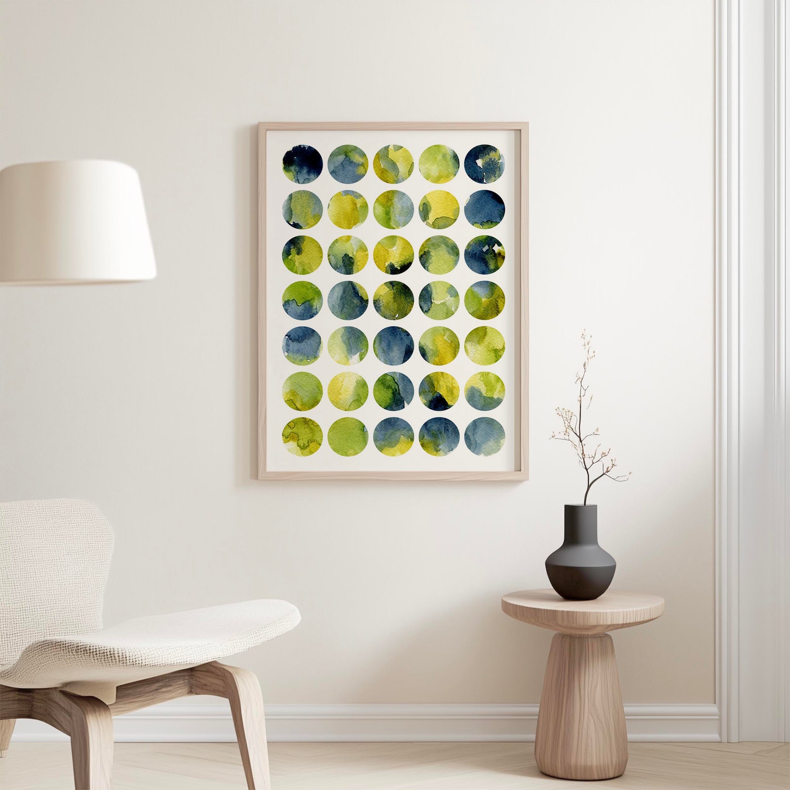 Contemporary watercolour circles print in indigo, green and yellow tones.