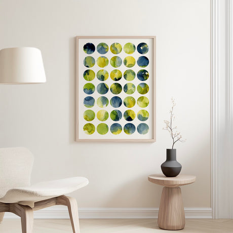 Contemporary watercolour circles print in indigo, green and yellow tones.