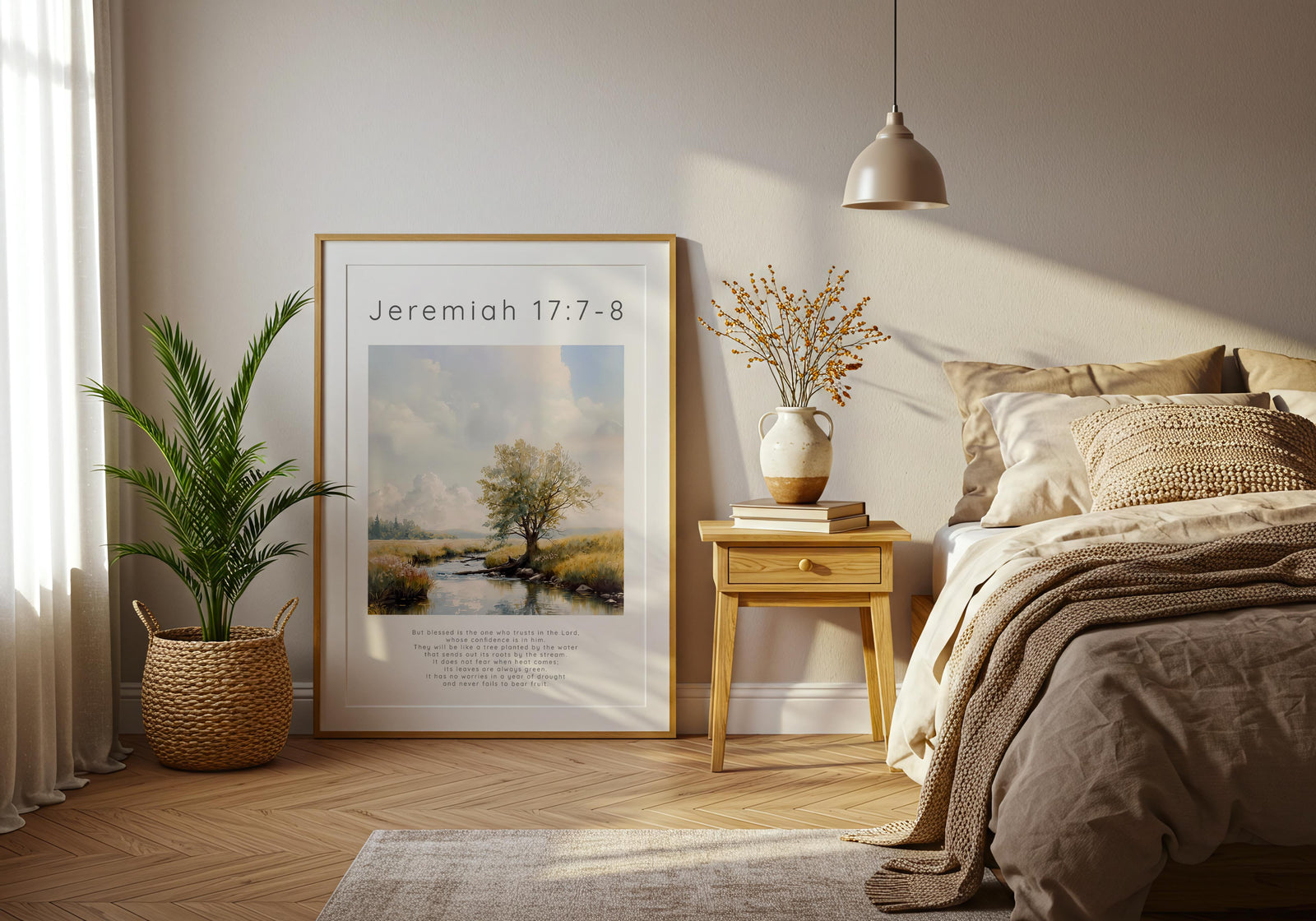 Jeremiah 17:7-8 – Nature-inspired Christian decor with verse on trust.