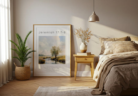 Jeremiah 17:7-8 – Nature-inspired Christian decor with verse on trust.