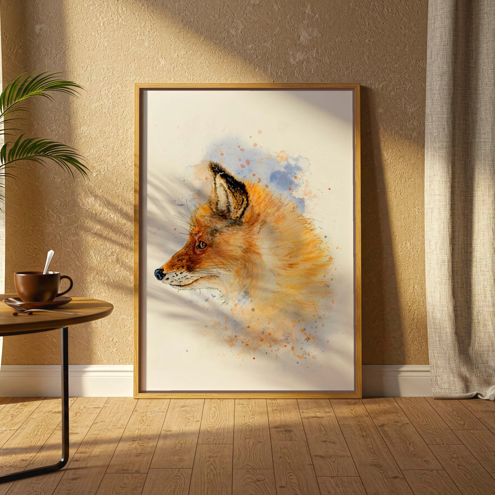 A watercolour fox print in warm russet and golden tones — beautiful autumn wall art and home decor for fall, part of the autumn prints collection at Crafty Cow Design.