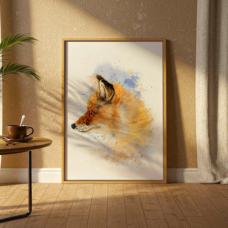 A watercolour fox print in warm russet and golden tones — beautiful autumn wall art and home decor for fall, part of the autumn prints collection at Crafty Cow Design.