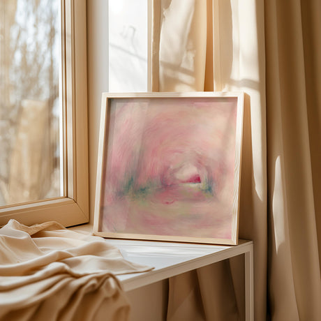 Art print with luminous peach and green hues capturing a joyful moment by the sea.
