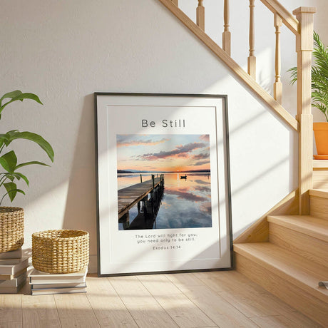 Exodus 14:14 - Scripture print with Be Still verse, golden light and a peaceful still water landscape.