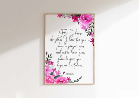 Christian wall print with pink and purple floral scripture design. Inspirational scripture art with Bible verse and delicate flowers.