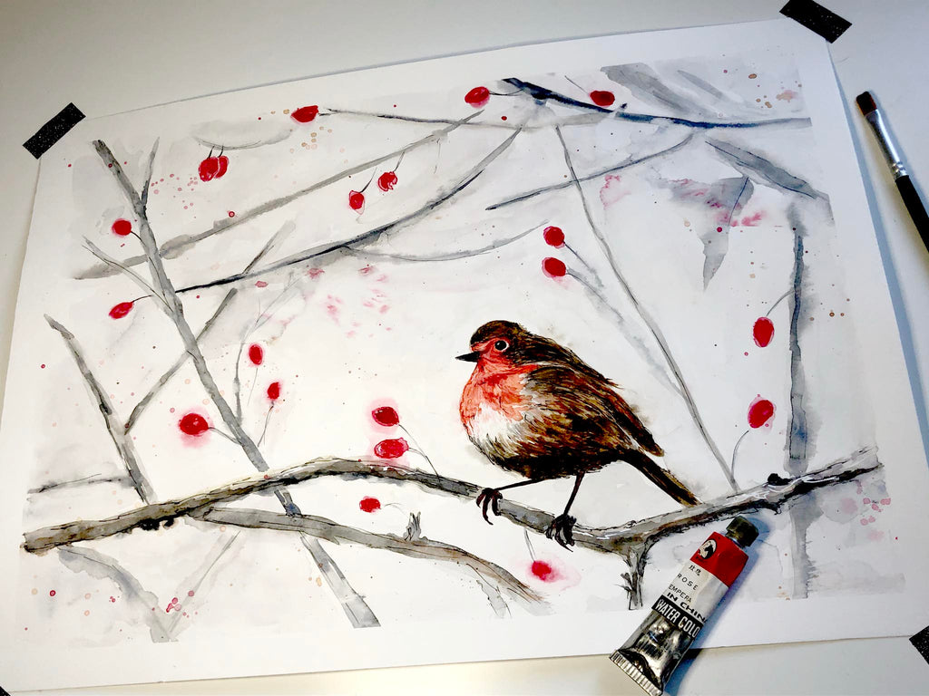 watercolor robin paintings,robin painting,robin watercolor,robin watercolour,red robin painting,robin bird watercolor painting