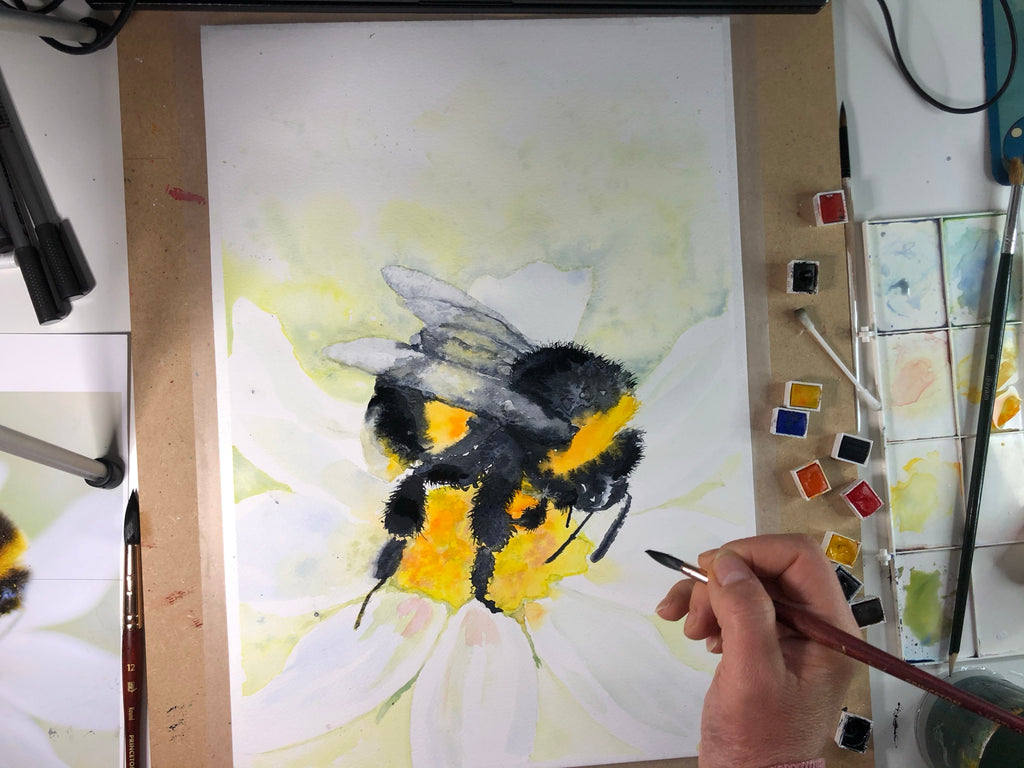Bumblebee Watercolor Painting, Bumble Bee Painting Easy, Loose Watercolor Animals, Bee Art Tutorial