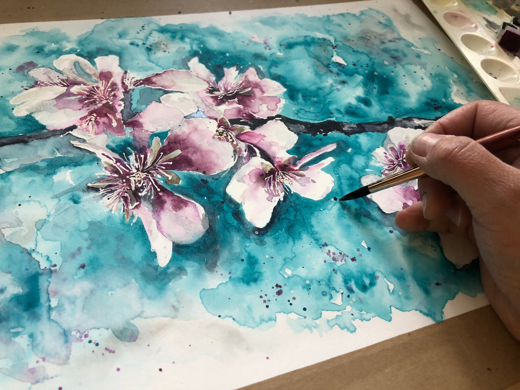 Cherry Blossom Painting, Watercolor Flowers, Blossom Flower Drawing, Painting Cherry Blossom tree