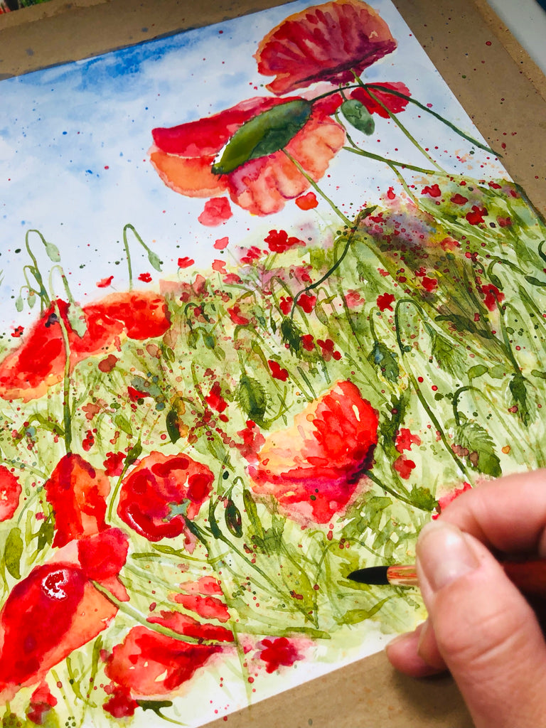 Poppy Field Painting, Poppy Field Watercolor, Painting Poppies in Watercolour