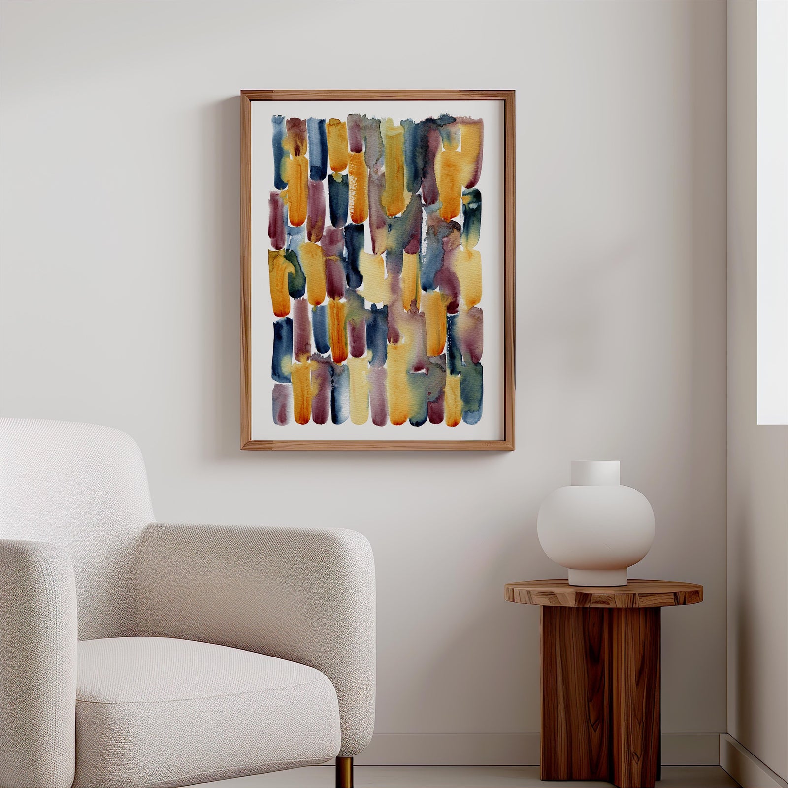 Modern art print featuring maroon and golden hues. Peaceful sunrise-inspired abstract for home decor 