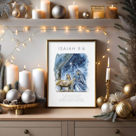 Hand-painted nativity scene in watercolor with Isaiah 9:6 Bible verse, perfect for Christmas.