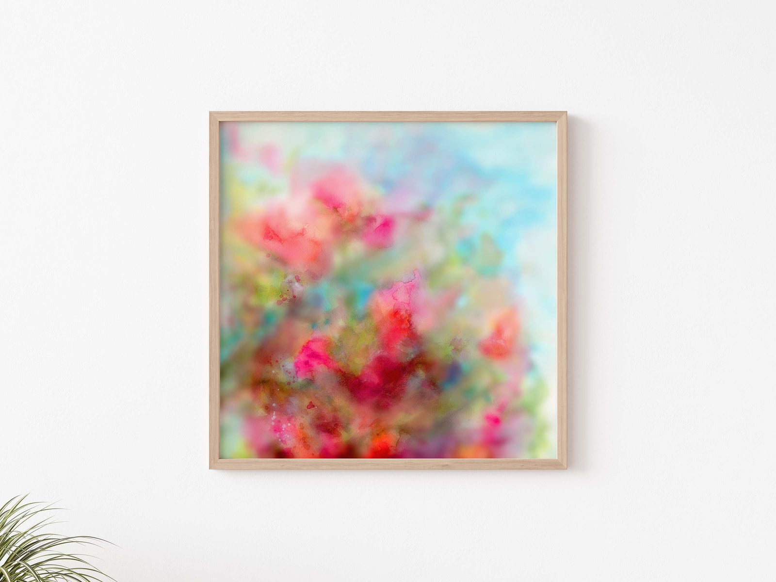 Renewal - Abstract floral watercolour in pinks, greens, and blues, inspired by tree blossoms.
