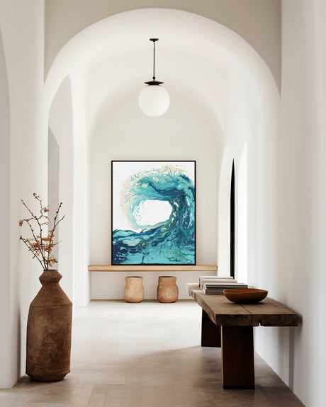 'Sandbanks Wave' - Abstract wave painting in luminous turquoise, teal and sandy cream — stunning blue ocean waves artwork and wave wall art for beach house home decor, by Crafty Cow Design.