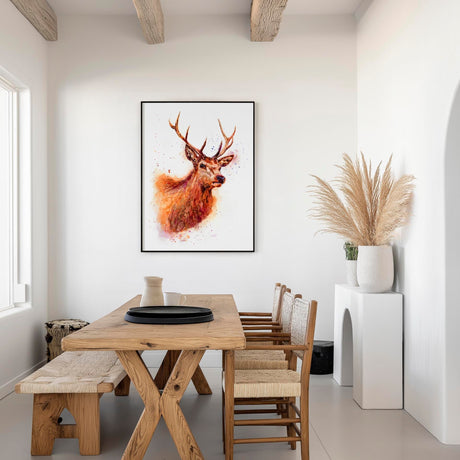 'Monarch of the Glen' - Canvas stag print displayed in a rustic study, warm russet and golden brown tones, wall art country home decor by Crafty Cow Design.