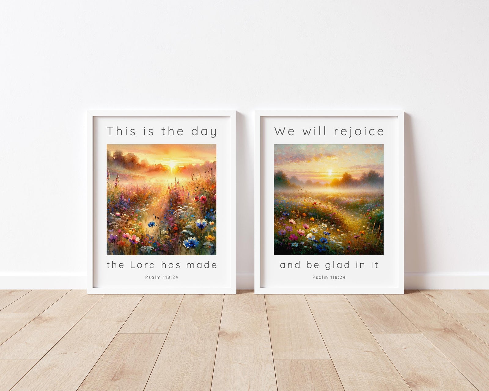 Set of two Bible verse prints featuring Psalm 118:24 with a sunrise meadow design in yellow and orange tones.