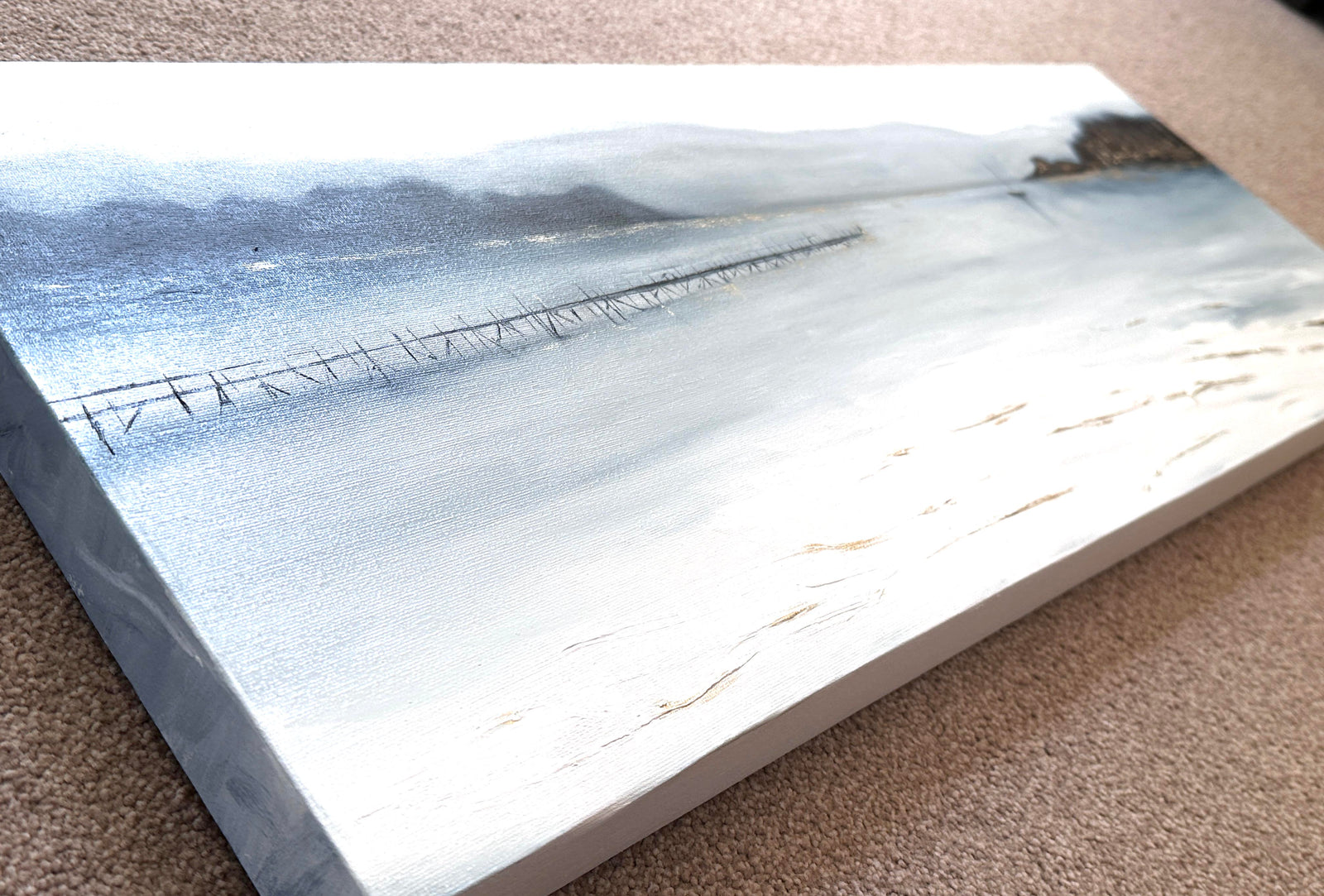 Atmospheric seascape with a distant view of Brownsea Island, painted in oils with subtle gold highlights.