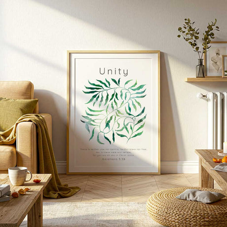 Galatians 3:28 - Bible verse unity quote print with intertwining green botanical leaves and Galatians 3:28 scripture.