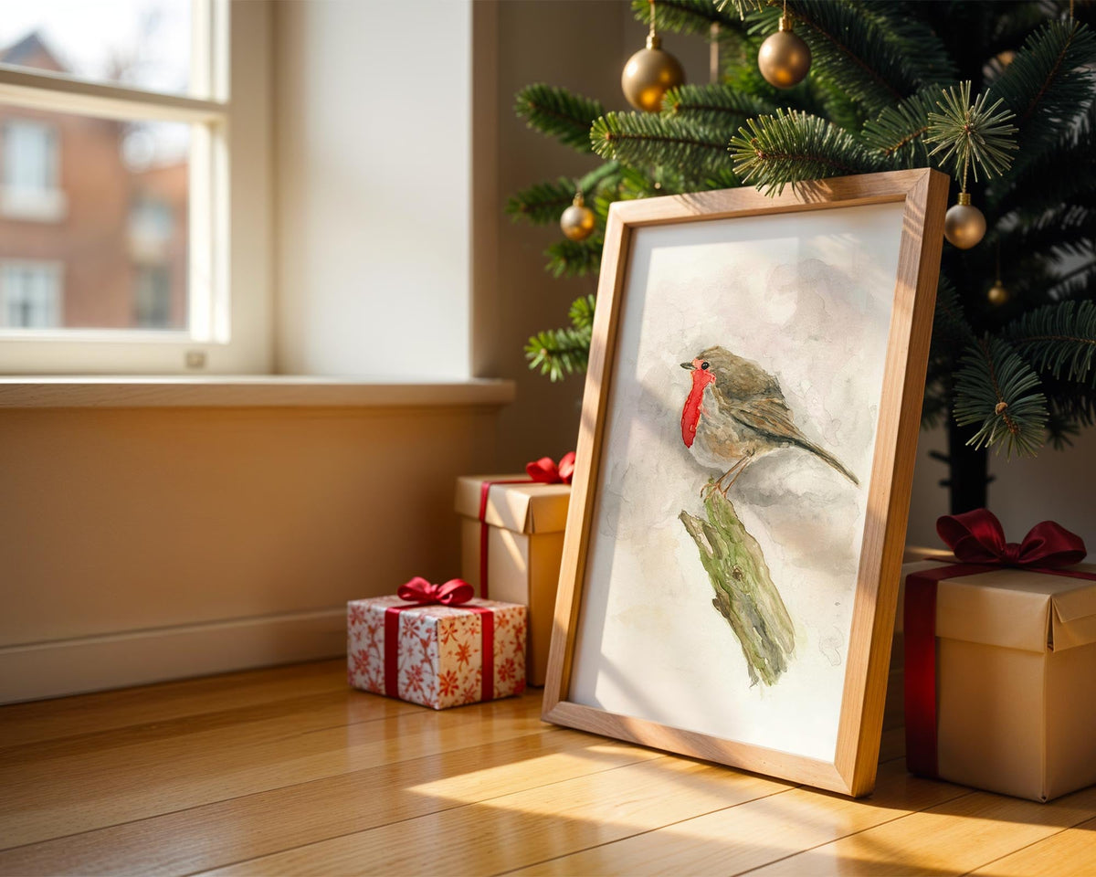 ‘A Winter Visitor’ - Watercolour robin sitting on a branch, a charming British wildlife art print.
