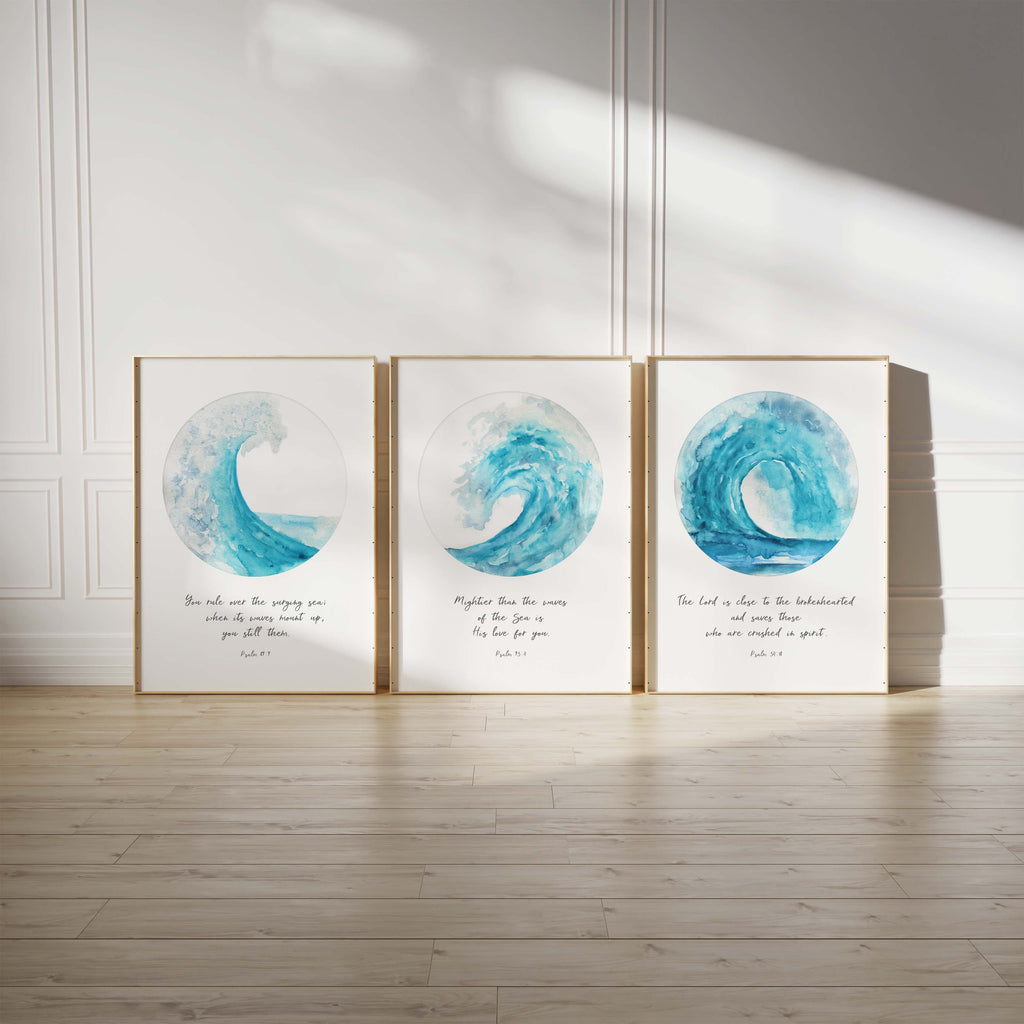 Turquoise watercolor wave art featuring Psalm 34:18 - God's closeness in hardship.
