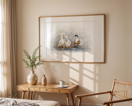 'Feathered Friends' - Ducks print in natural wood frame, characterful watercolour duck wall art farmhouse home decor by Crafty Cow Design.